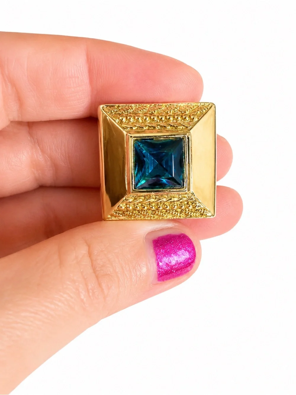 Vintage Gold Tone Blue Cabochon Statement Earrings Heavy Weight Square Studs